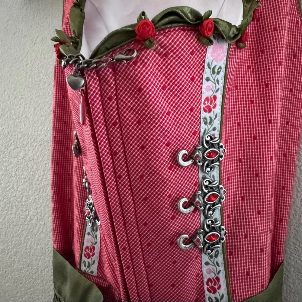 Krüger Dirndl Dress US XS EU 34 Red Green German Oktoberfest Alpine Trachten - Picture 6 of 12